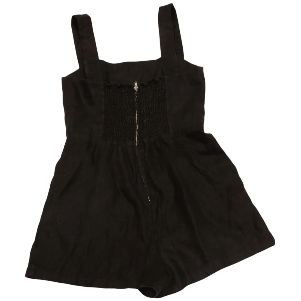 Reformation Black Square-Neck Romper Linen